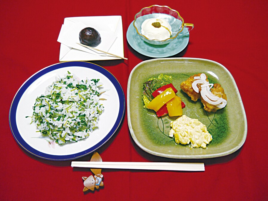 豆苗ごはん・チキン南蛮・素揚げ夏野菜 タルタルソース添え・嶺岡豆腐(牛乳豆腐)・かりんとう饅頭 豆苗ごはん・チキン南蛮・素揚げ夏野菜 タルタルソース添え・嶺岡豆腐(牛乳豆腐)・かりんとう饅頭